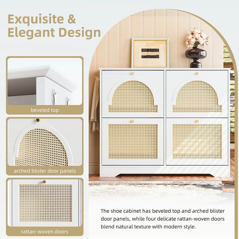 Elegant Entryway Shoe Cabinet with 4 Flip Drawers,with Rattan Doors and Hooks