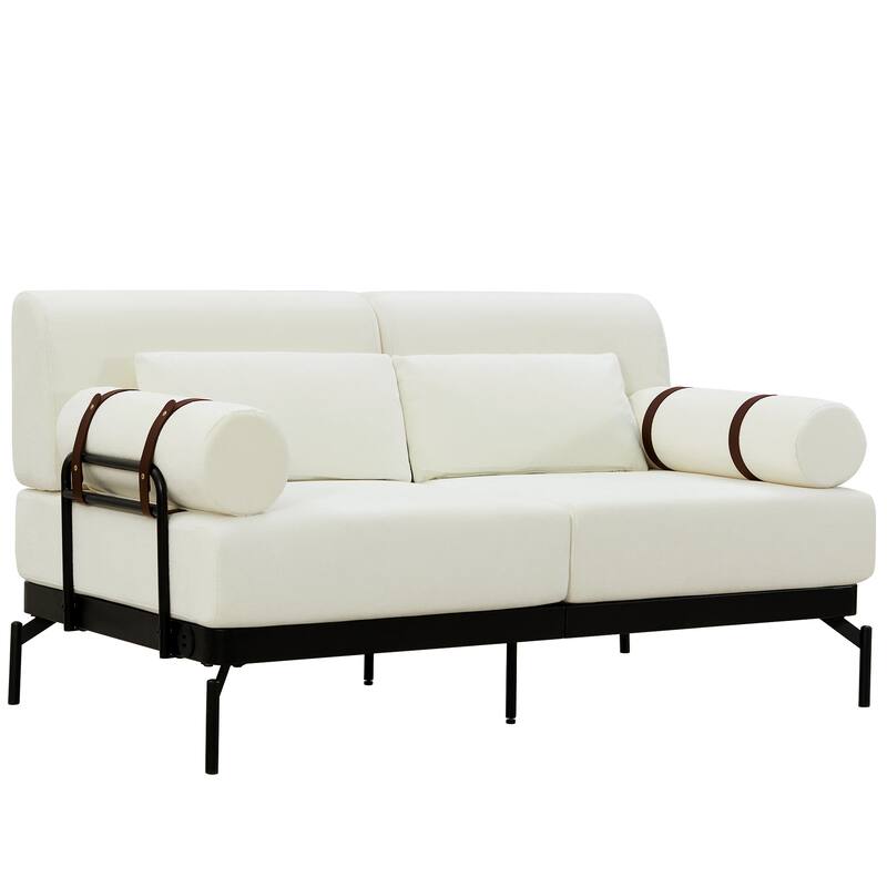 Chenille Loveseat Sofa, 59" 2 Seater Sofa with USB Ports, Round Arms, Adjustable Faux Leather Straps for Living Room