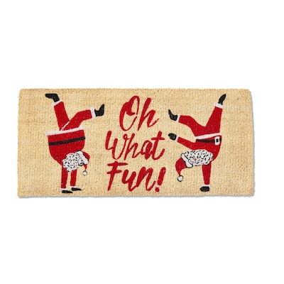 1'6"x3'3" Oh What Fun Sentmeint Dancing Santa Coir Mat Rectangle Indoor Outdoor Coir Door Mat Red on Brown Background