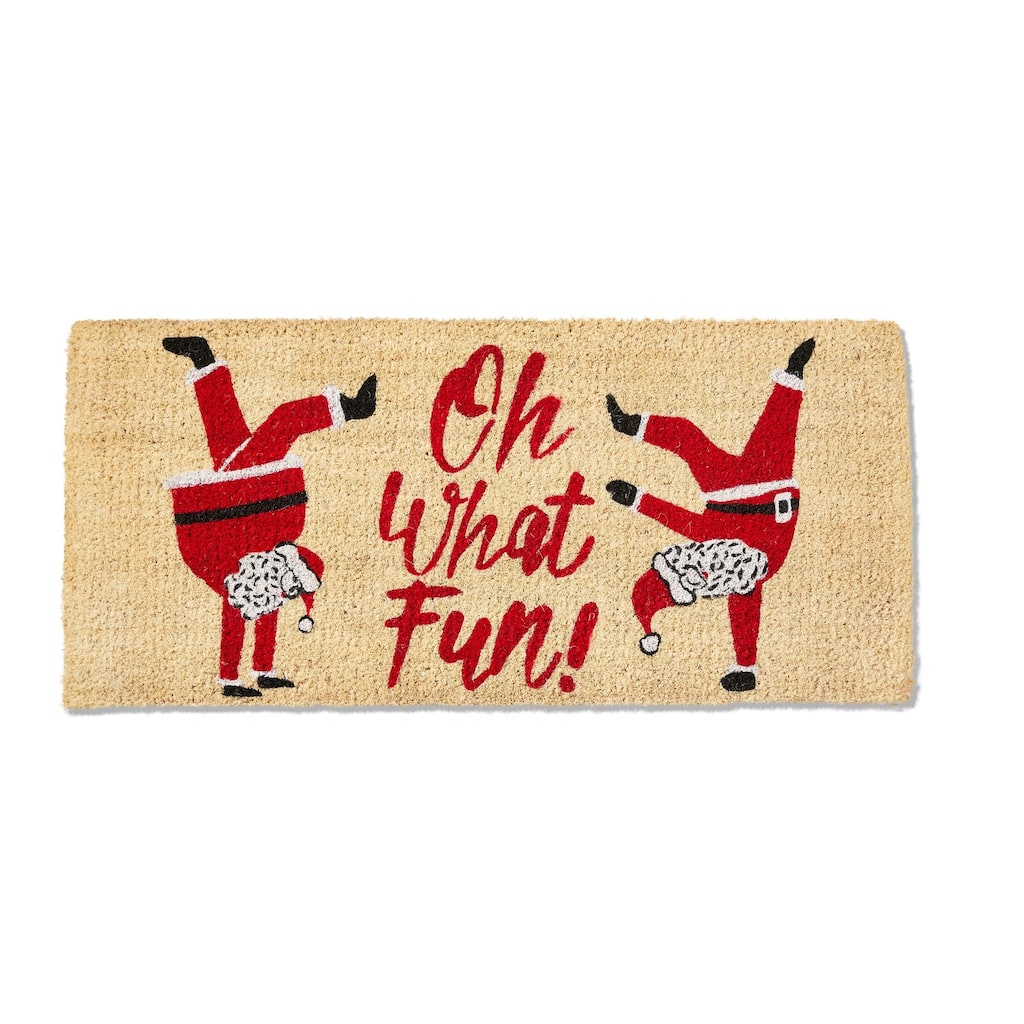 1'6"x3'3" Oh What Fun Sentmeint Dancing Santa Coir Mat Rectangle Indoor Outdoor Coir Door Mat Red on Brown Background