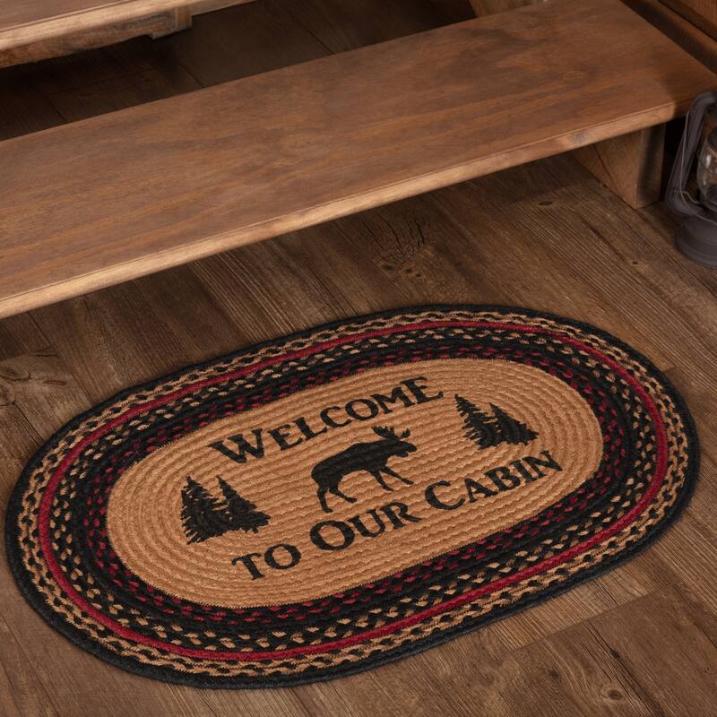 Cumberland Stenciled Moose Jute Rug Oval Welcome to the Cabin - 2' x 3' Oval - 2' x 3' Oval - Tan
