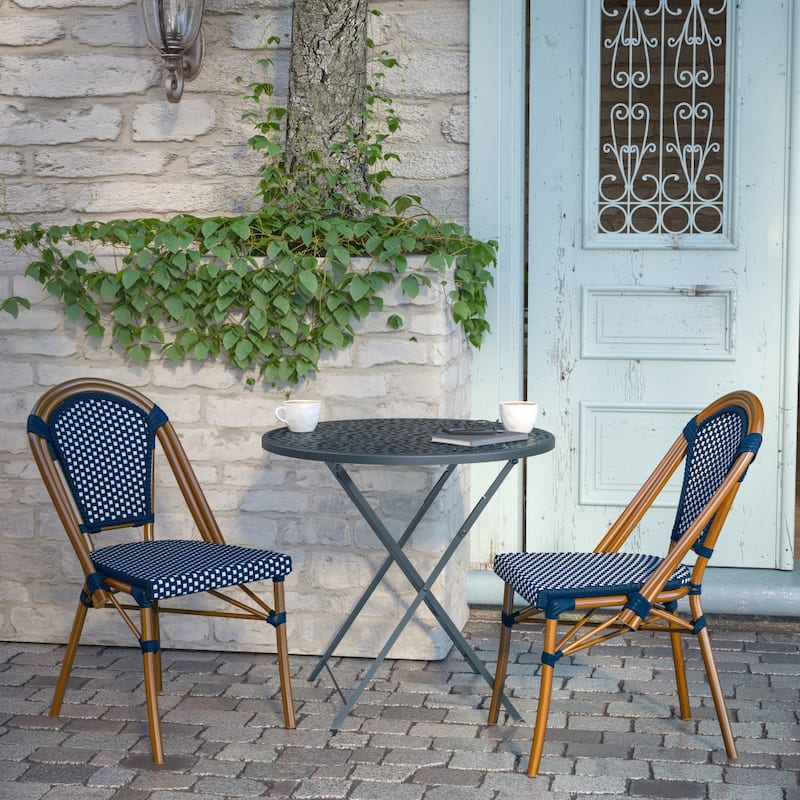 2 Pack All-Weather Commercial Paris Chairs with Bamboo Print Frame - 18.5"W x 22"D x 34.25"H - Navy & White/Natural Frame