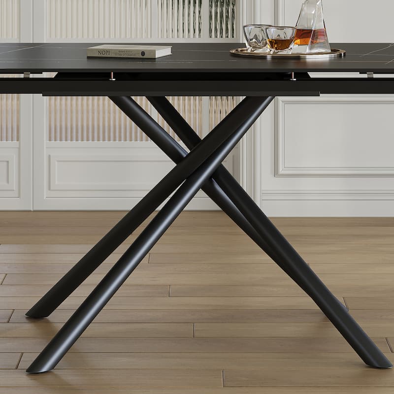 Retractable Sintered Stone Dining Table, Modern Rectangular Design, with Black Carbon Steel Legs at the Bottom