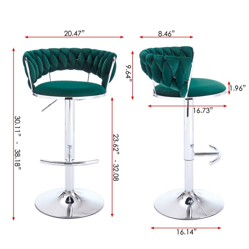 Set of 2 Bar Stools,with Chrome Footrest and Base Swivel, Height Adjustable, Velvet Upholstered + Chrome Leg Simple Bar Stool