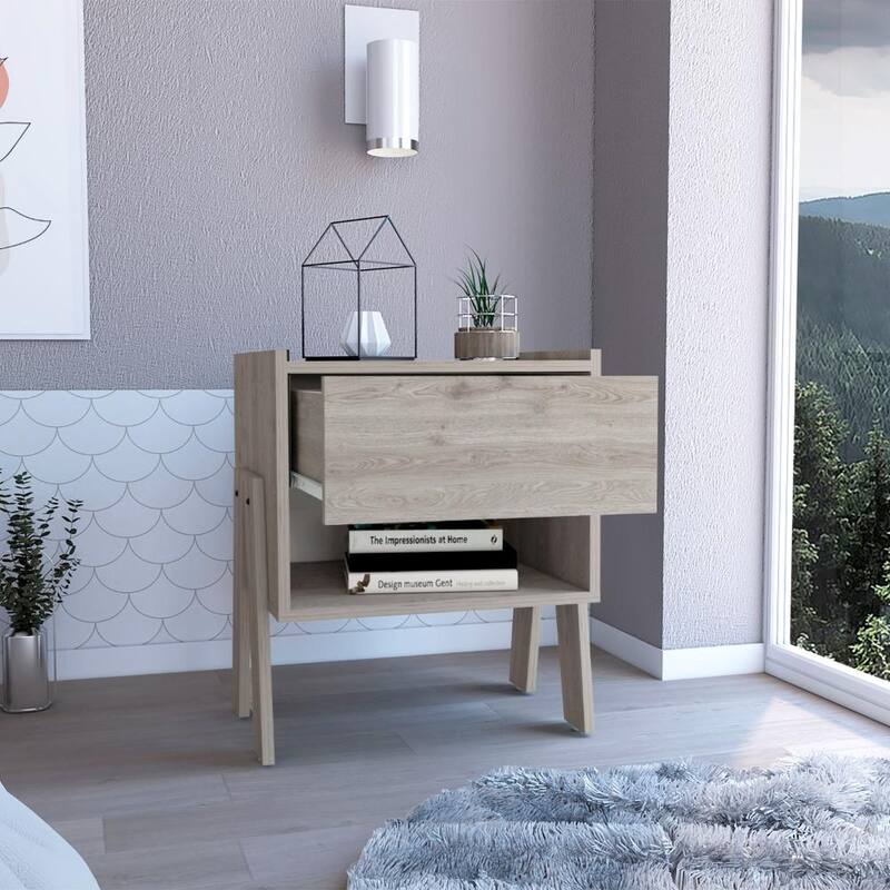 22inch Light Gray Nightstand with One Drawer and Open Shelf