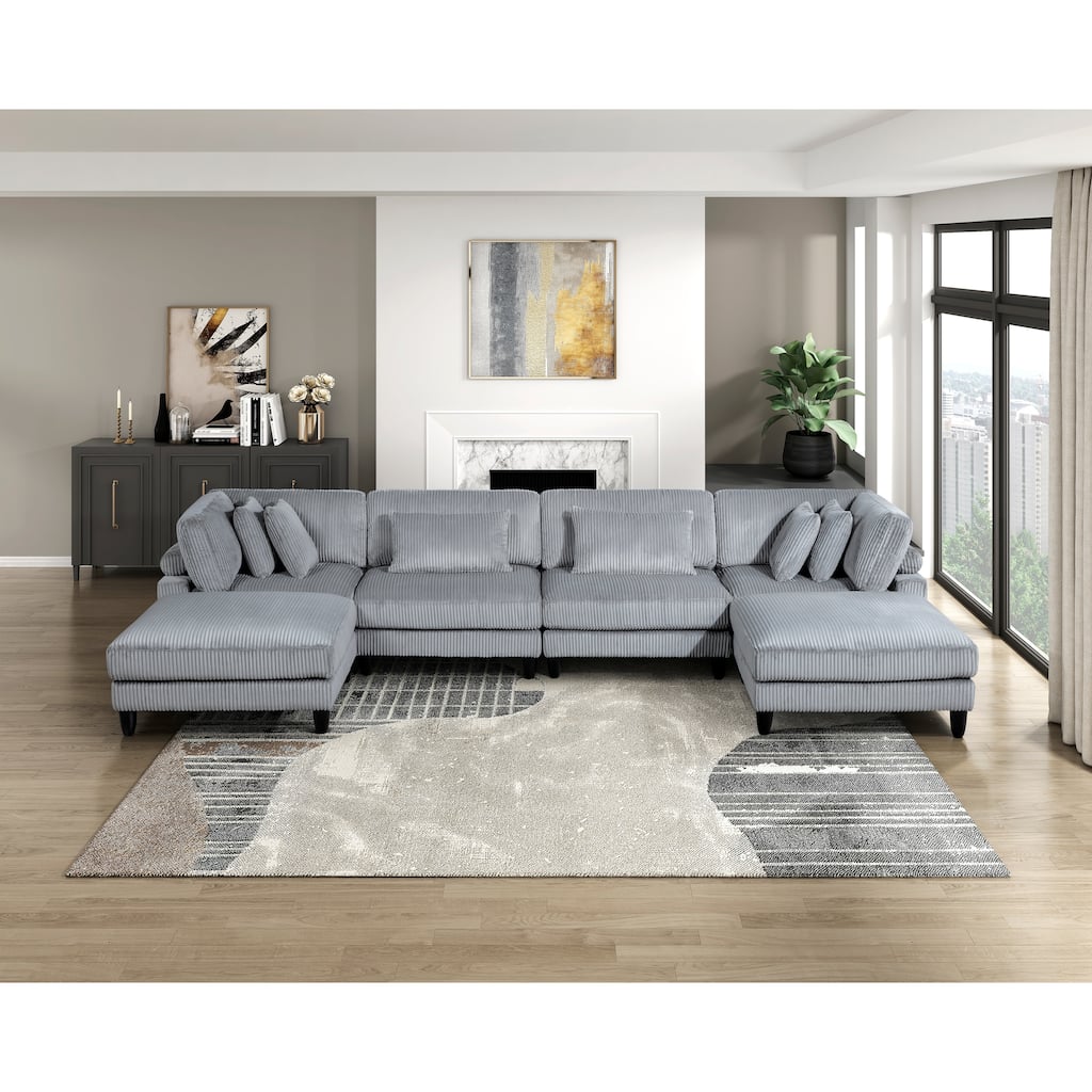 6pc Gray Corduroy Modular Sectional Set - 2 Armless Chairs, 2 Corner Seats, 2 Ottomans with Pillows
