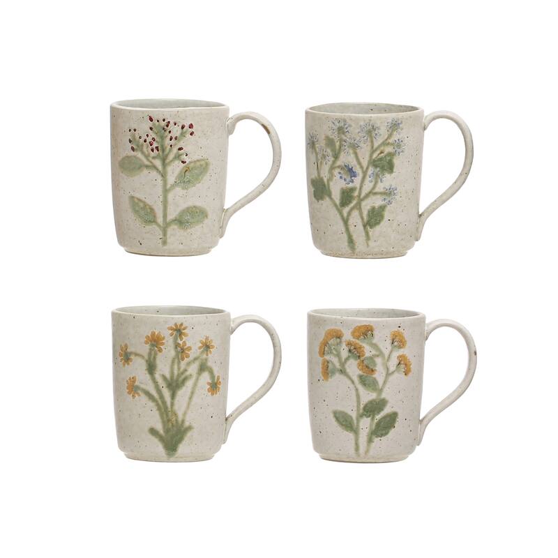 Stoneware Mug with Flower Design - 5.0"L x 3.4"W x 4.3"H - 4 Piece - 5.0"L x 3.4"W x 4.3"H - Cream