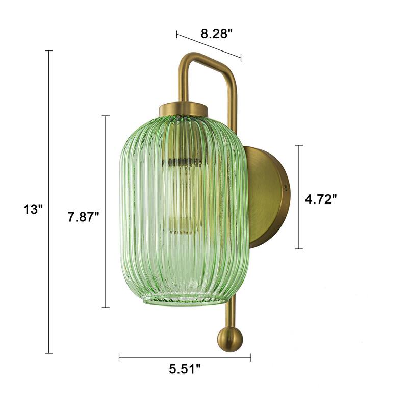 1-Light Green Striped Lantern Glass Wall Sconce - 5.5" W × 8.3" D × 13" H