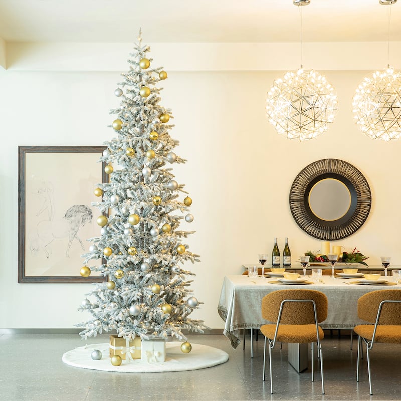 Glitzhome 8FT/10FT Pre-Lit Flocked Fir Artificial Christmas Tree with Warm White Lights - 10ft