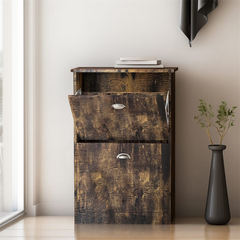 Hidden Narrow Wood Shoe Rack Cabinet with 2 Drawers for Entryway