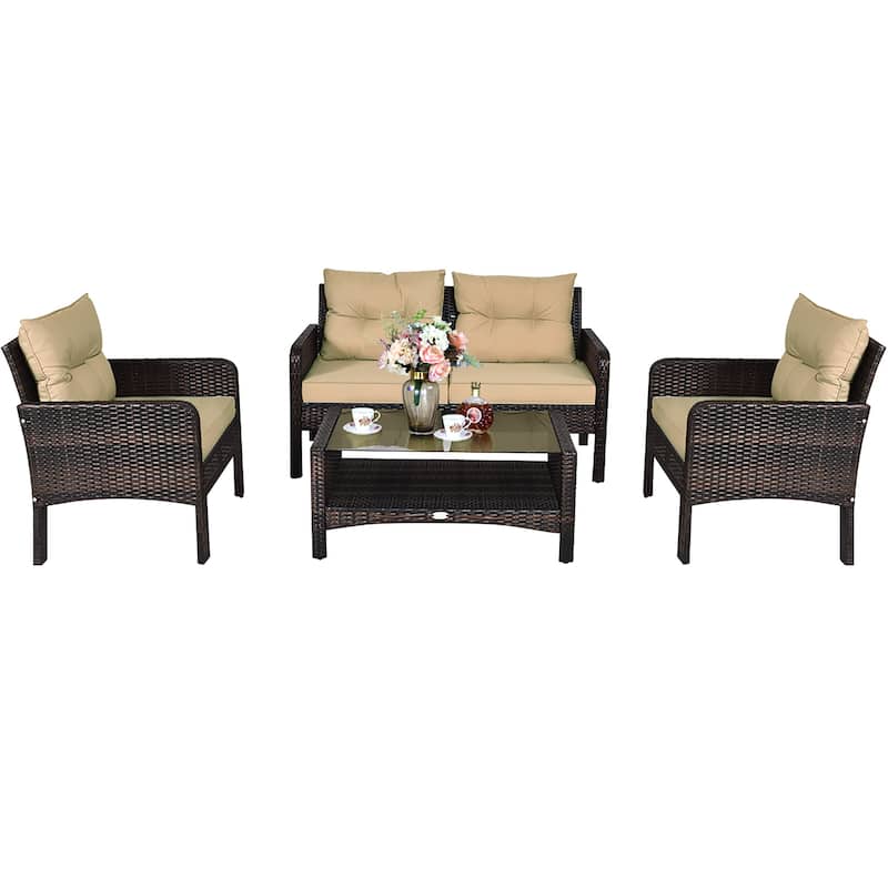 4PCS Patio Rattan Conversation Furniture Set Outdoor Wicker Sofa Set - Brown