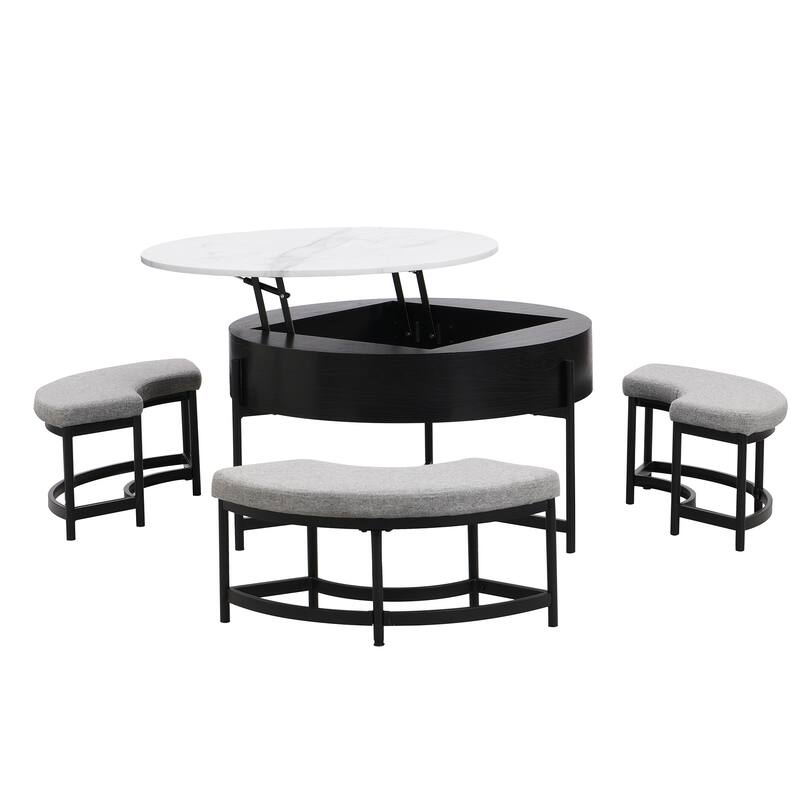 Modern Round Coffee Table Set with Lift-Top, Dining Table Set with Hidden Storage and 3 Ottomans