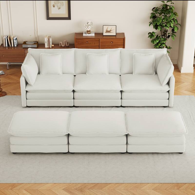 112.6" Corduroy Modular Sectional Sofa with 3 Ottomans