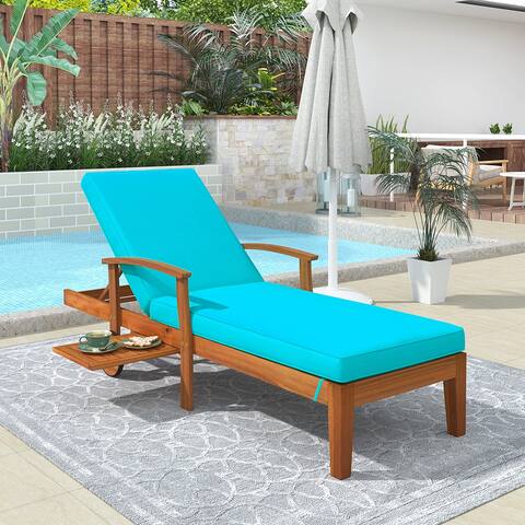 Outdoor Solid Wood Chaise Lounge, Patio Reclining Daybed with Wheels