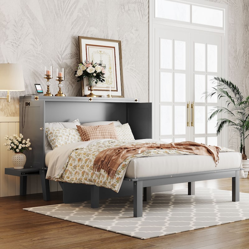 Full/Queen Murphy Bed with USB Charging and Sliding Shelves - Foldable Cabinet Bed - Grey - Queen
