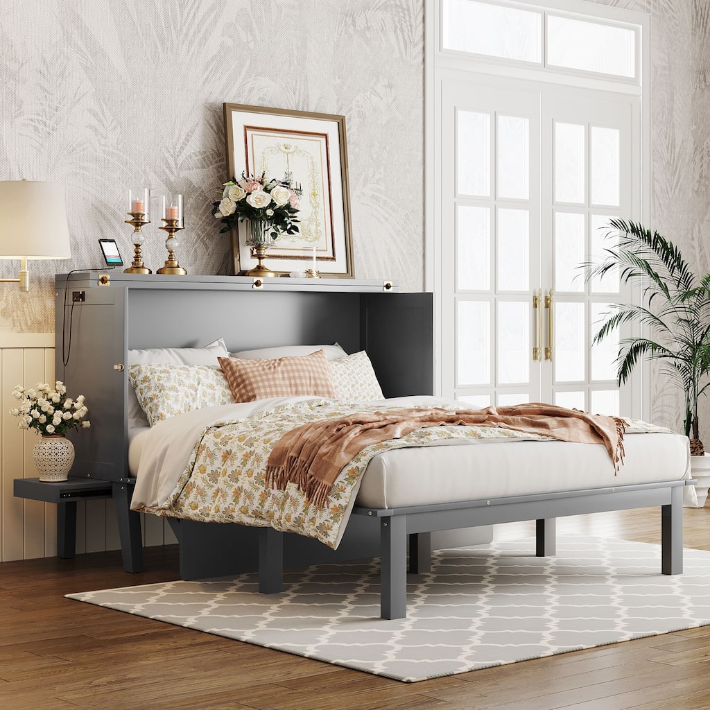 Murphy Bed Cabinet Bed with 2 Removable Shelves and USB Port-Queen, Grey