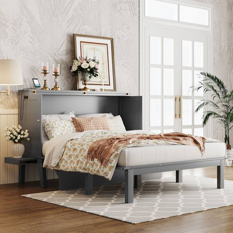 Queen Size Foldable Murphy Bed Convertible Wall Cabinet Bed with USB Ports, Dual Power Outlets and Sliding Side Tables