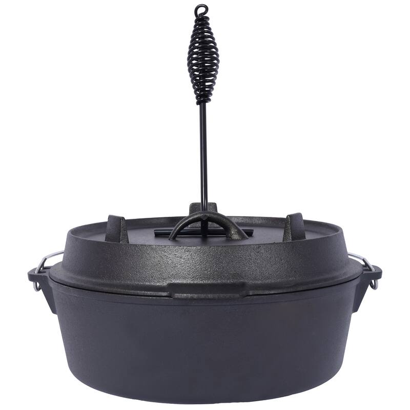Outdoor Camping Deep Pot and Skillet Lid with Iron Pot Rack and Lid Lifter, Pre-Seasoned Cast Iron Dutch Oven