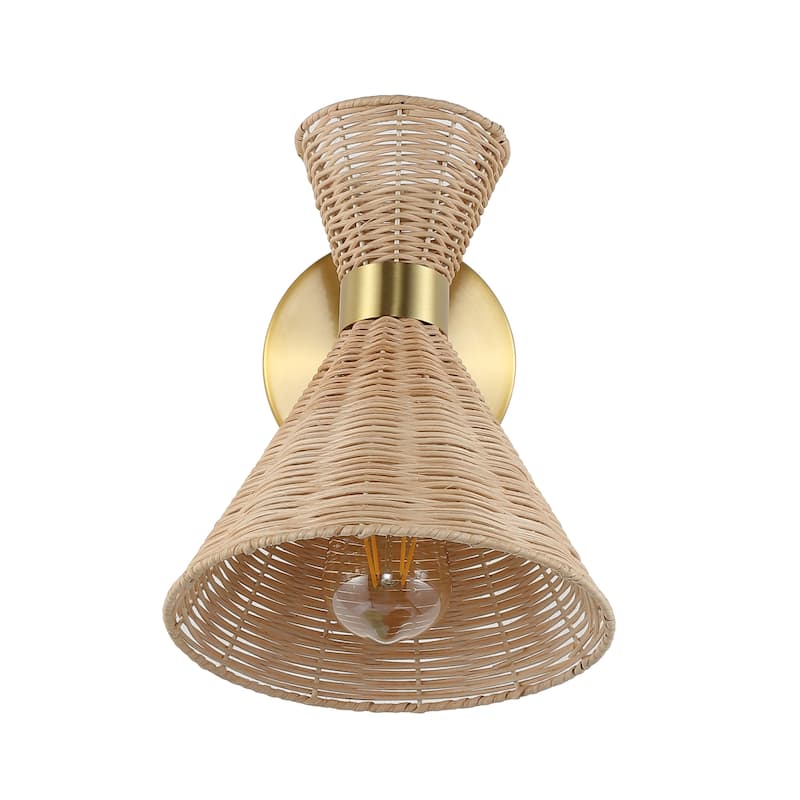 Kiawah 10" 1-Light Mid-Century Vintage Retro Rattan/Metal LED Sconce with Adjustable Shade, by JONATHAN Y