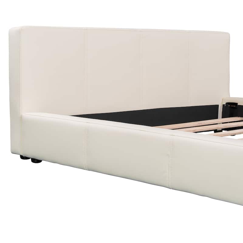 Modern Floor Bed Frame for Bedroom, Faux Leather Grounded Bed with Wood Slats Upholstered Platform Bed with Headboard for Adults