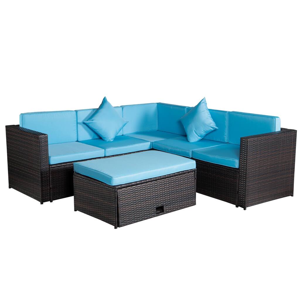 4-Piece Patio Poly Rattan Cushioned&Combined Sectional Option Sofa Set with Side-Open Storage Ottoman and 2 Pillows