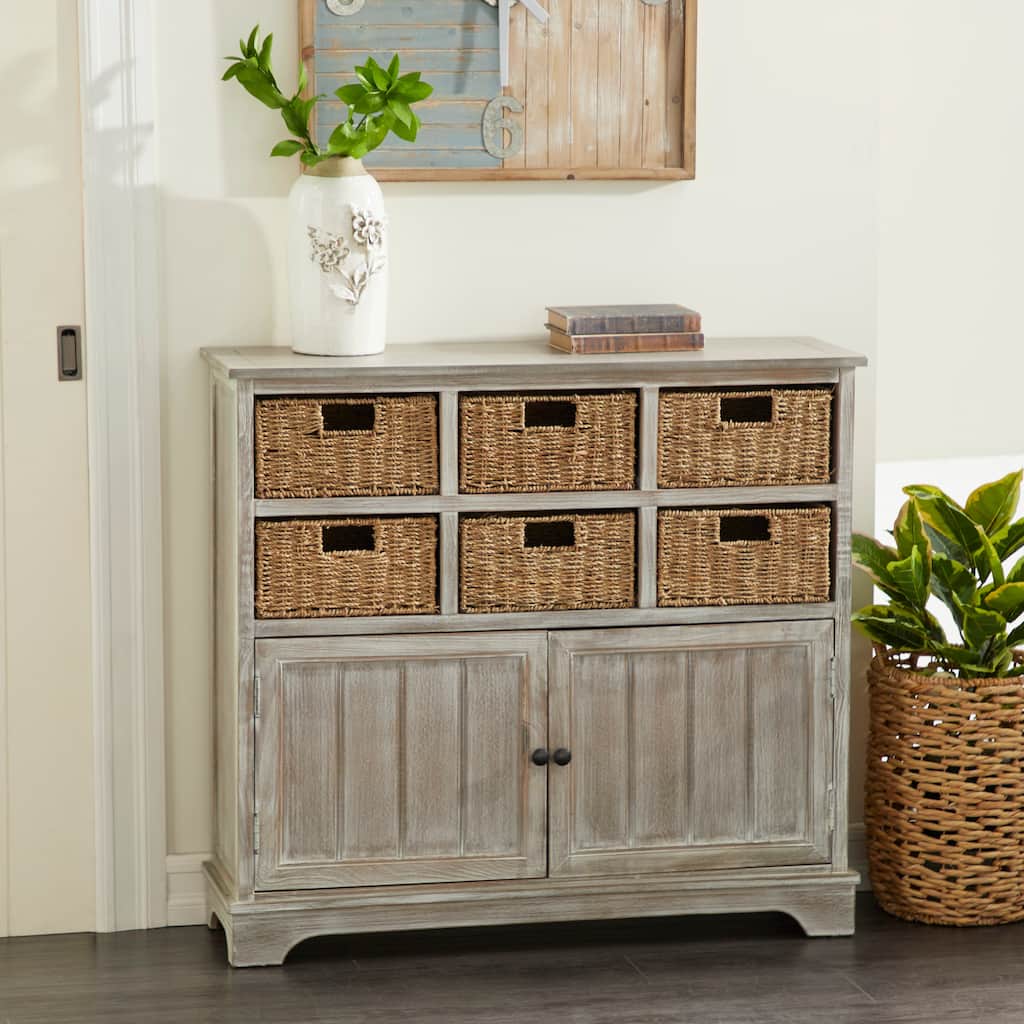 Grey Washed Wood Pine Rustic Farmhouse Storage Cabinet With Baskets - 38 x 12 x 35