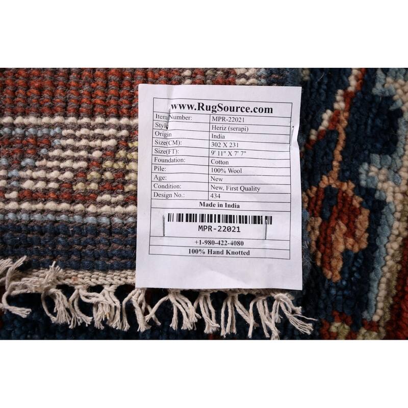 Blues & Orange Heriz Serapi Indian Area Rug Hand-Knotted Wool Carpet - 7'7" x 9'11"