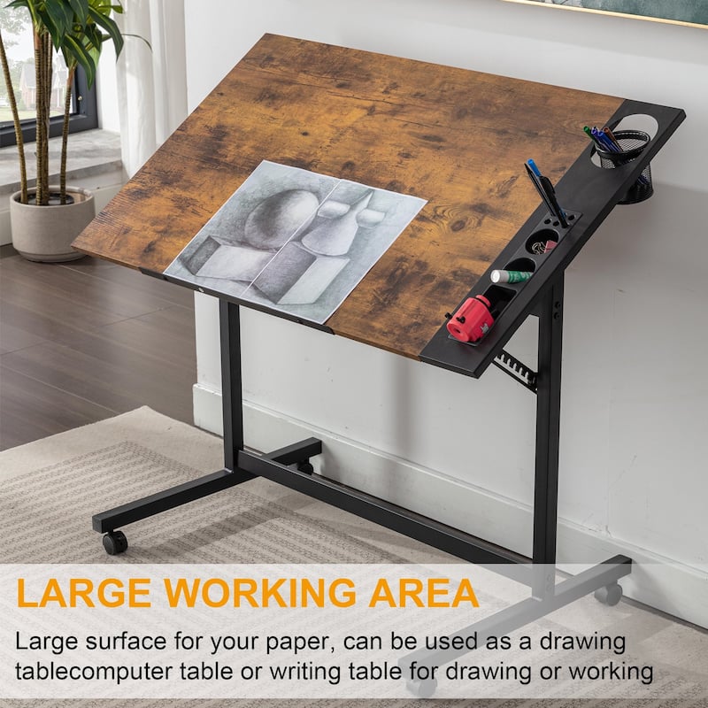 Javlergo Vintage Drawing Drafting Table, Adjustable Tilting Top Art Desk Craft Work Station with Pencil Ledge
