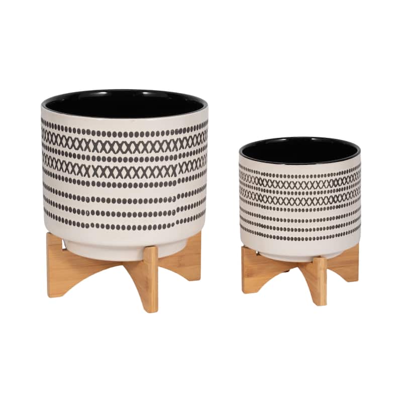 Off-white and Grey Ceramic Planters on Wood Stands (Set of 2) - 10" x 10" x 12"