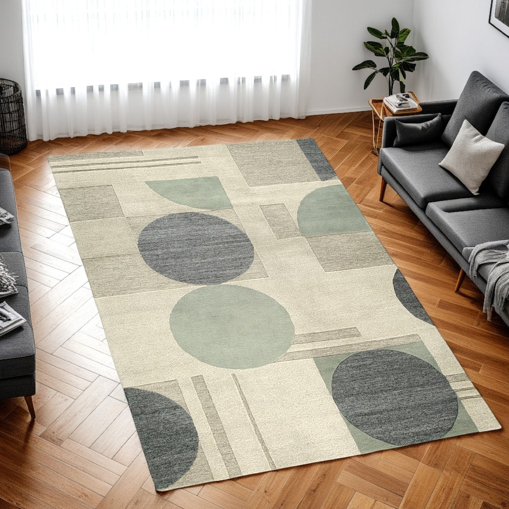 Laen 8 x 10 Large Area Rug, Hand Tufted Geometric Shapes, Gray Wool - 8 x 10