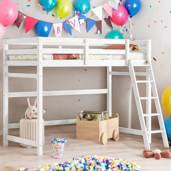 slide 2 of 11, Modern Twin Size High Loft Bed with Inclined Ladder and Guardrails for Bedroom