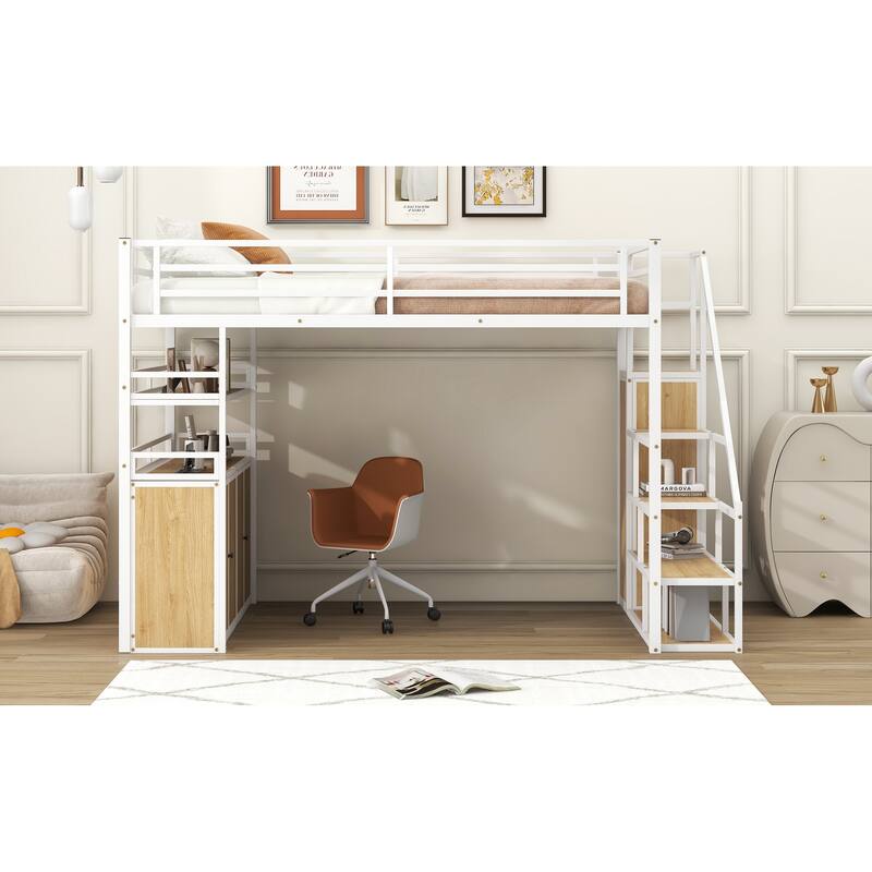 Full Size Metal Loft Bed with Storage Staircase, Wardrobe, Shelves and Lockers