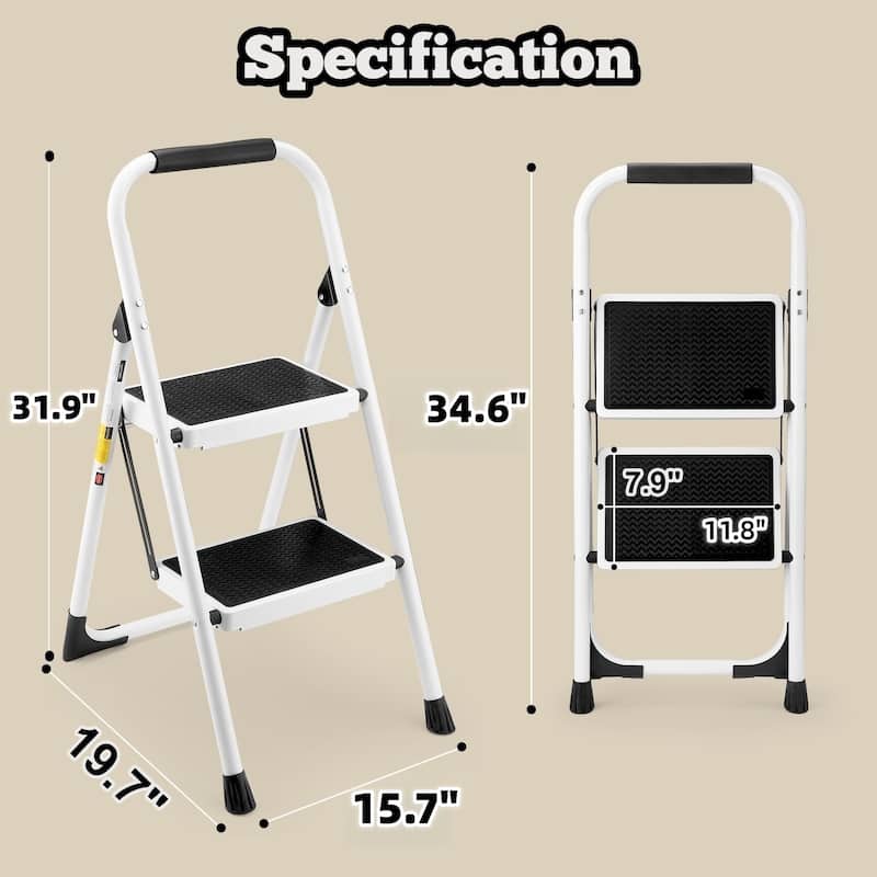 Anmytek 2 Step Folding Ladder Stool Anti Slip Wide Pedal Handrails 330 LBS White Home Use