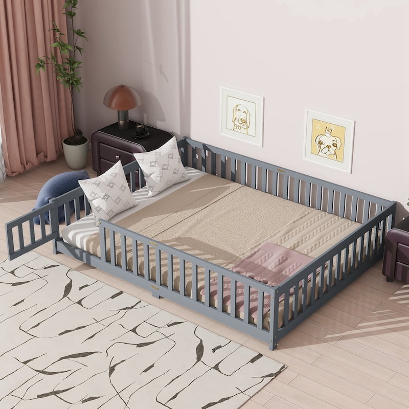 Queen Size Floor Bed with Fence,Door,Rubber Wood Floor Bed with Safety Guardrails