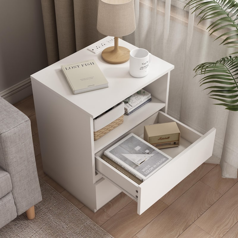 End Table with Fast USB C Charging Station, Sofa Side Table with 2 Drawers, Large Storage Modern Wood Storage Cabinet