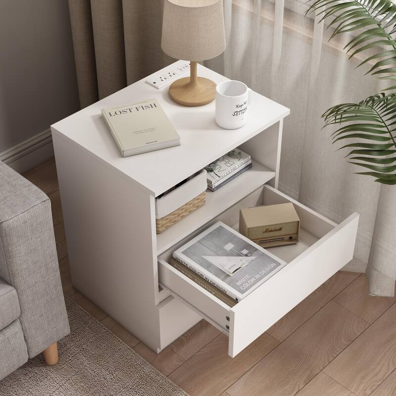 Nightstand with Charging Station, Sofa Side Table with Open Shelves & 2 Drawers, Large Capacity Wood Storage Cabinet