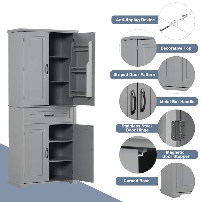Freestanding White Bathroom Cabinet with Doors, Drawer & Adjustable Shelf, Tall Linen Tower Storage 72'' High