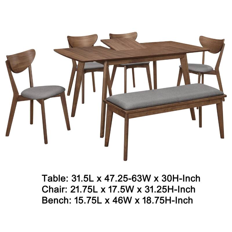 Relo 6pc Extendable Dining Table, Bench, 4 Chairs, Walnut Brown and Gray