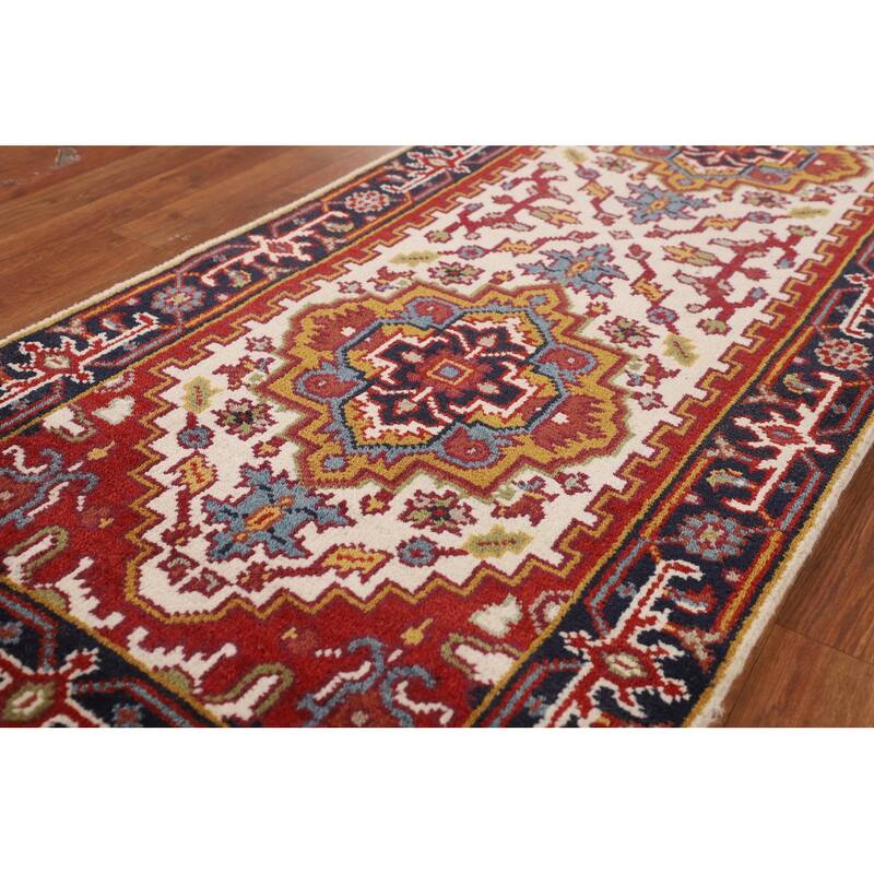 Ivory Geometric Heriz Serapi Oriental Runner Rug Handmade Wool Carpet - 2'7"x 10'10"