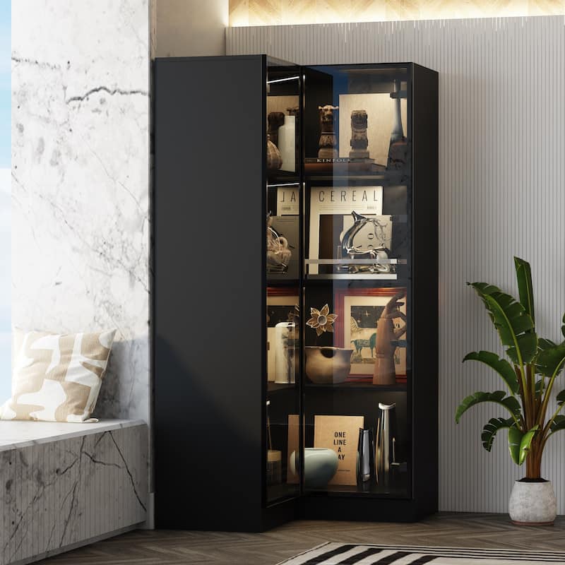 Black Glass Door Corner and Standard Cabinet Set with Lights Strips