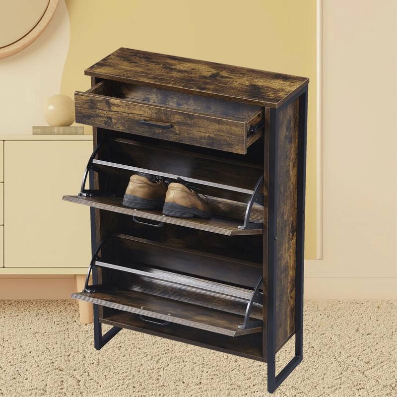 Space-Saving Shoe Cabinet with 2 Flip Drawers and 1 Top Drawer, Ideal for Narrow Spaces and Small Entryways Hallways Storage - Rustic Brown