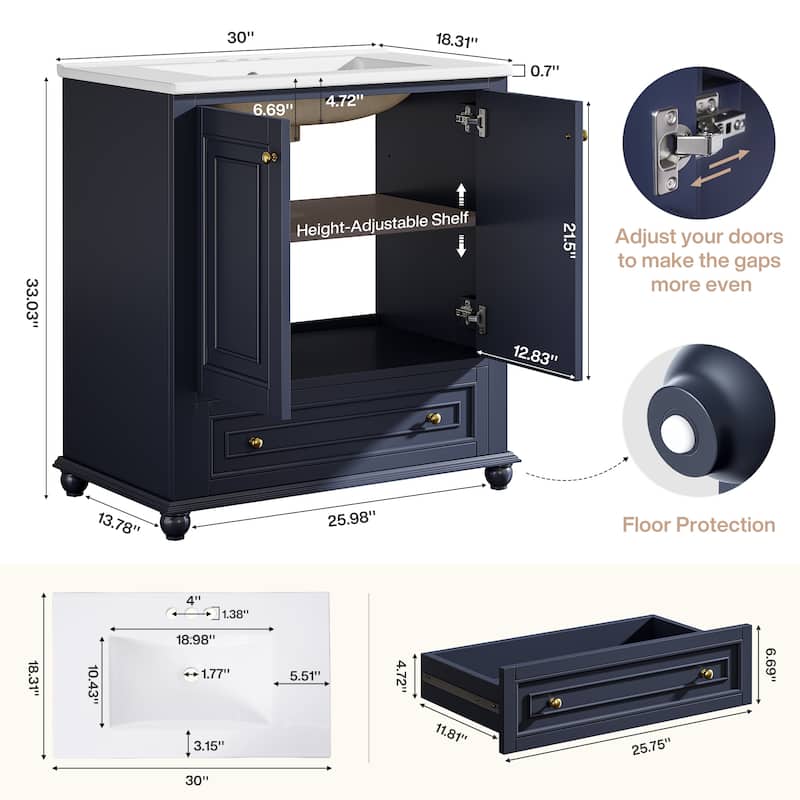 Modern Freestanding Solid Wood Bathroom Vanity with Ceramic Sink, Adjustable Shelf Storage