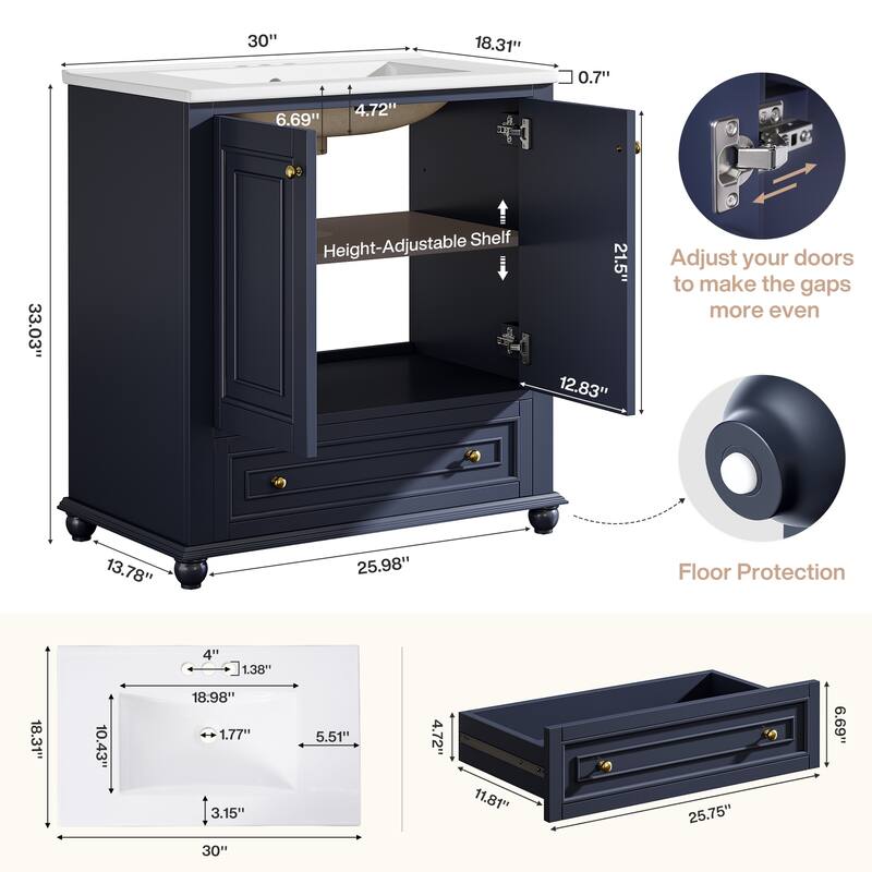 Solid Wood Modern Bathroom Vanity with Ceramic Sink, Adjustable Shelf Storage