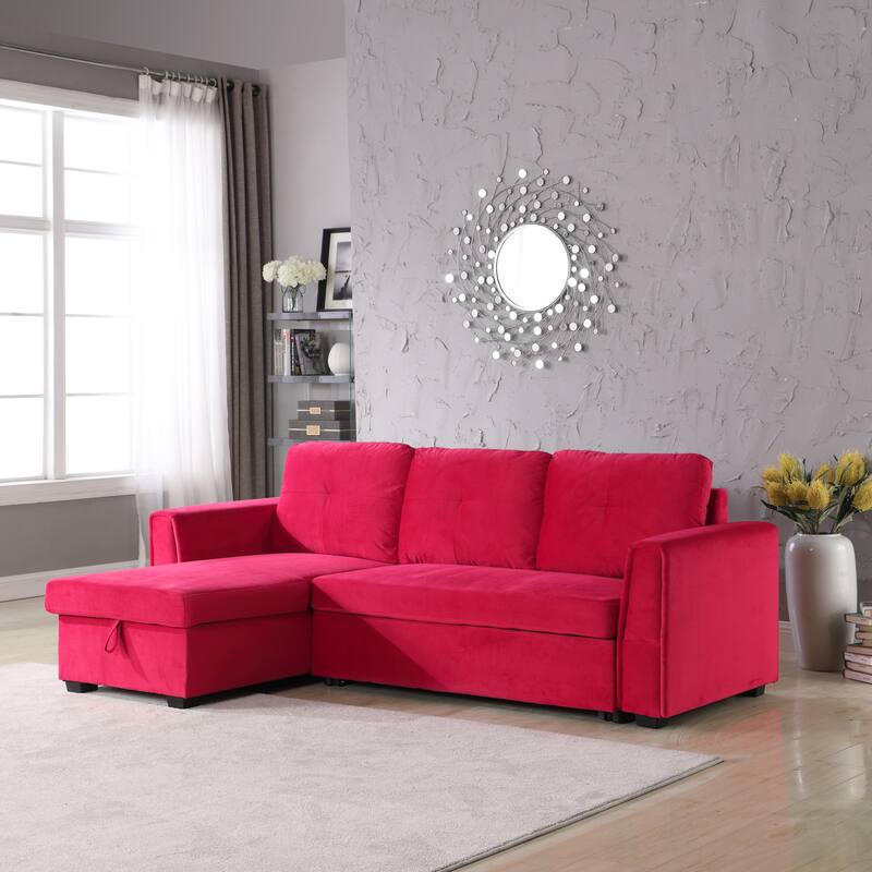 91-in. Velvet Reversible Convertible Storage Sectional/Sofa Sleeper - Red