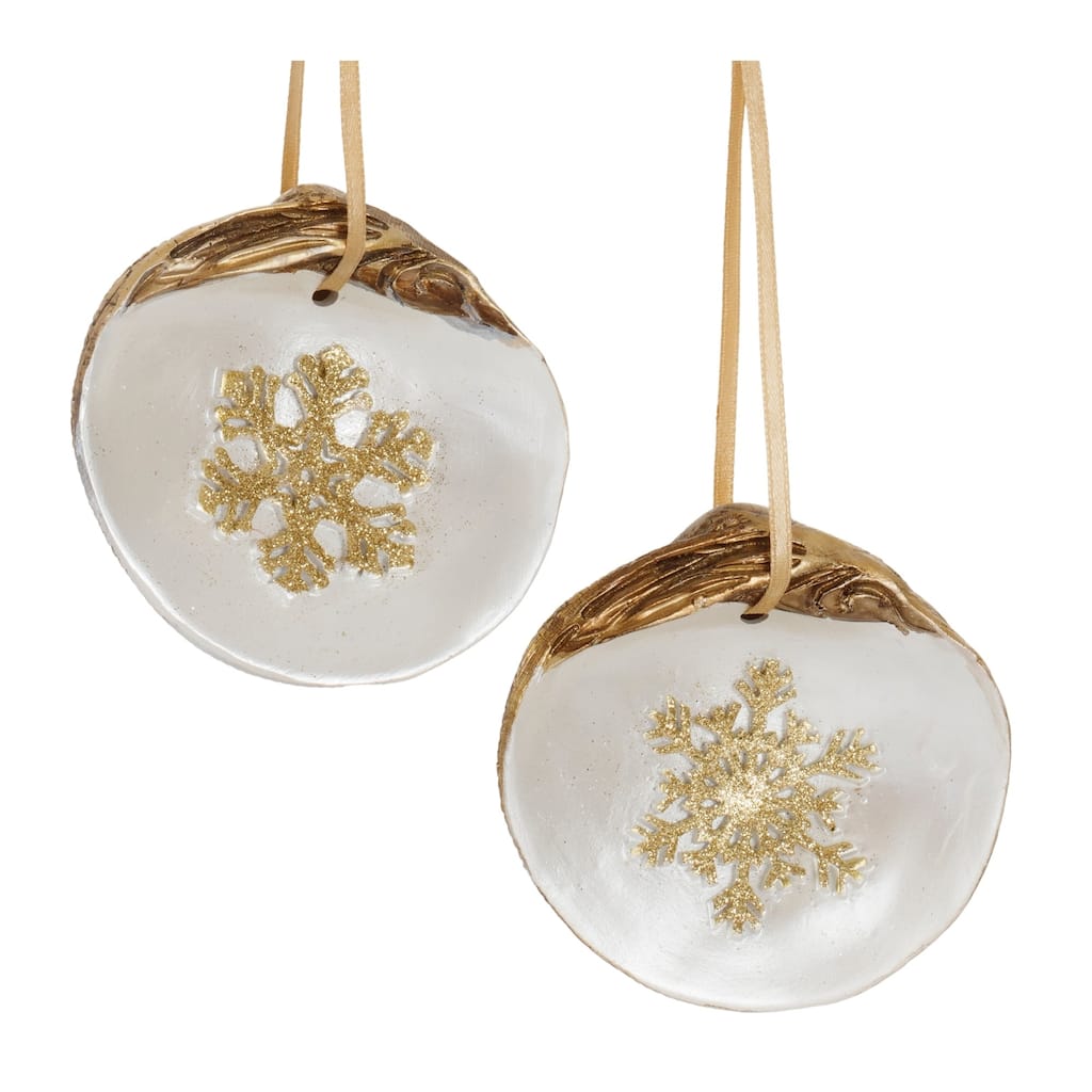 Clam Shell with Snowflake Christmas Ornaments - 3.25" - Gold and White - 12ct