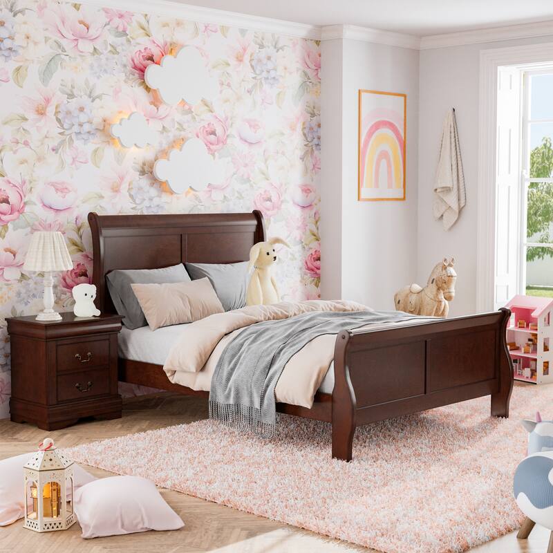 Furniture of America Mayday Modern Solid Wood 2-Piece Sleigh Bedroom Set - Cherry - Twin