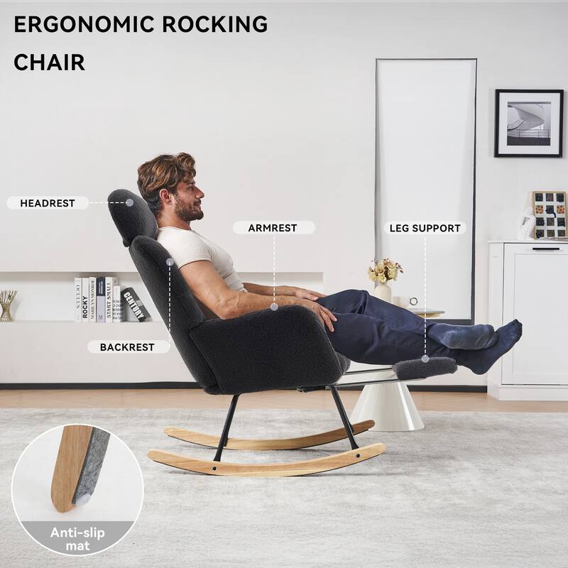 Comfortable Teddy Fabric Upholstered Rocking Chair with High Backrest and Pillows for Indoor Use