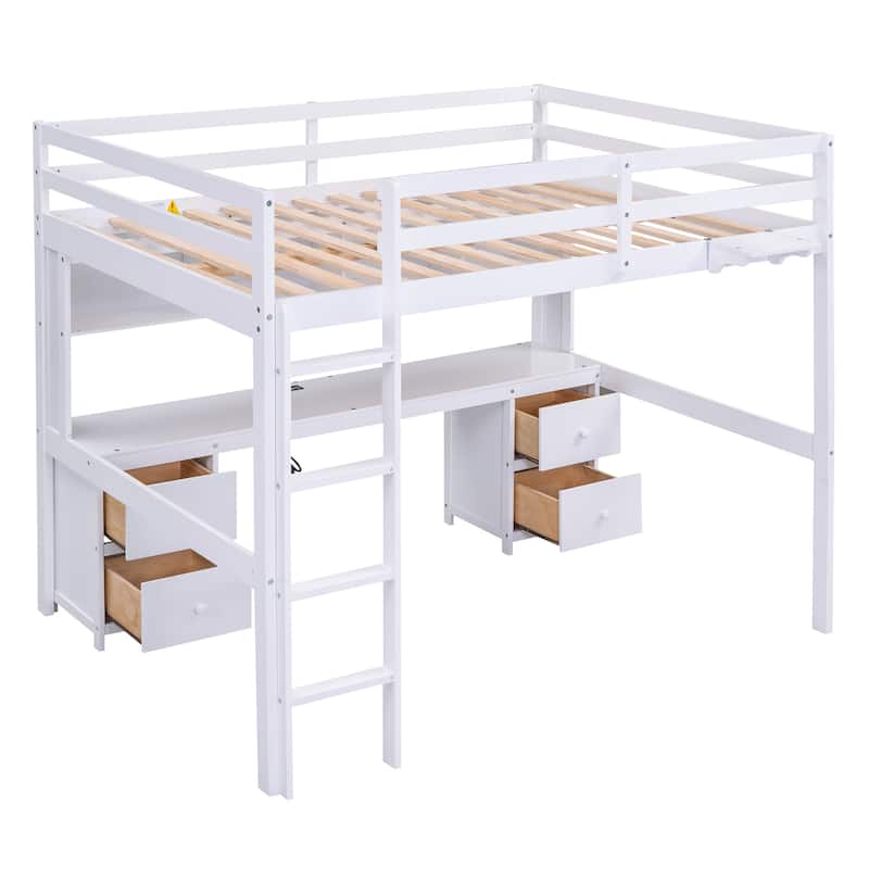 White Full Size Loft Bed with Desk, Cabinets, USB Ports, and Drawers