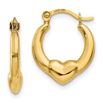 Curata 14k Yellow Gold Polished 15mm Love Heart Hoop Earrings