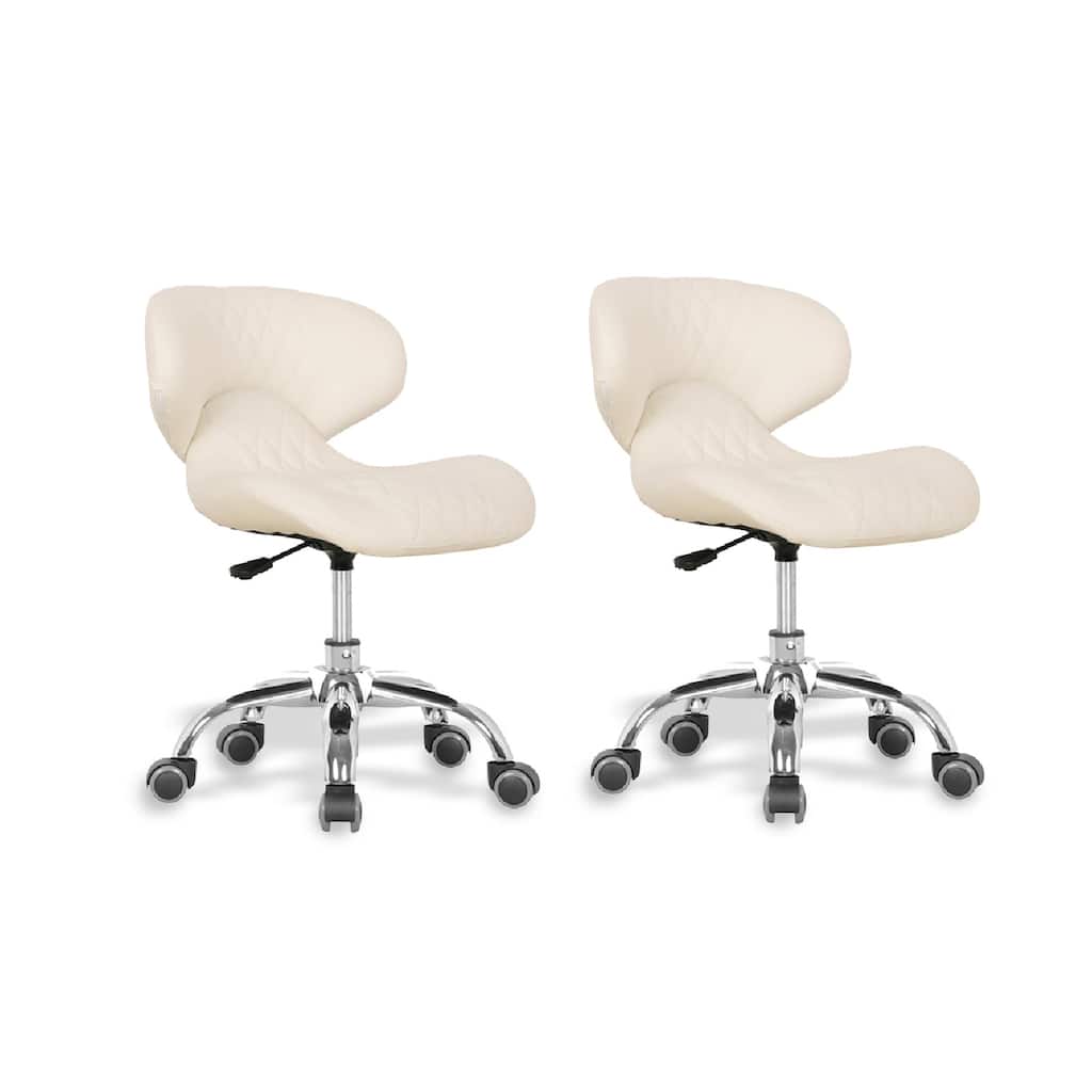 Set of 2 Hugo Short Stool Adjustable 13" to 15" Low Rolling Chair with Backrest, White - N/A